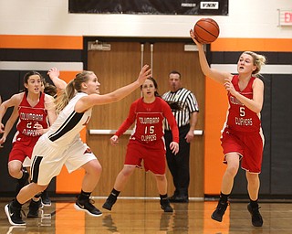 Columbiana's Tessa Liggett (5) steals the ball from Mineral Ridge guard Nevaeh Cruz (1) in the first quarter of a high school basketball game, Saturday, Dec. 9, 2017, in Mineral Ridge. Columbiana won 70-32...(Nikos Frazier | The Vindicator)