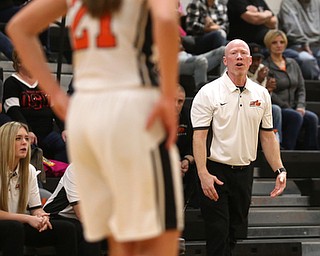 Mineral Ridge head coach Matthew Cluse shows his frustration towards Mineral Ridge forward Noelle Bukovina (21) in the first quarter of a high school basketball game, Saturday, Dec. 9, 2017, in Mineral Ridge. Columbiana won 70-32...(Nikos Frazier | The Vindicator)