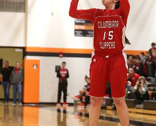 Columbiana's Kennedy Fullum (15) goes up for three in the first quarter of a high school basketball game, Saturday, Dec. 9, 2017, in Mineral Ridge. Columbiana won 70-32...(Nikos Frazier | The Vindicator)