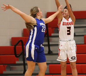 Girard's Samantha Cave (3) goes up for three in the second quarter of an AAC high school basketball game against TEAM, Monday, Dec. 11, 2017, in Girard. Girard won 39-23...(Nikos Frazier | The Vindicator)