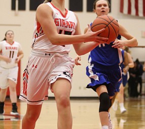 Girard's Marissa Cave (10) goes up for a layup in the second quarter of an AAC high school basketball game against TEAM, Monday, Dec. 11, 2017, in Girard. Girard won 39-23...(Nikos Frazier | The Vindicator)