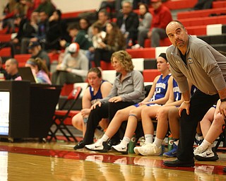 Hubbard head coach Ray DeLuco looks up at the scoreboard in the third quarter of an AAC high school basketball game, Monday, Dec. 11, 2017, in Girard. Girard won 39-23...(Nikos Frazier | The Vindicator)