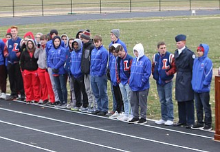   ROBERT K YOSAY  | THE VINDICATOR..Soccer coach Coach Matt Kresic.   and Senior Corine Eastham..  thank everyone... for their supper..  Lordstown Veterans Memorial Stadium dedication.: Lordstown HS new track and soccer field. ..-30-