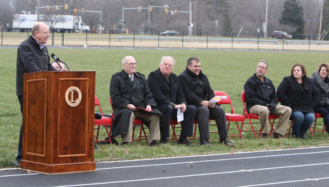   ROBERT K YOSAY  | THE VINDICATOR..Barry Brits Gm of Lordstown Energy Center.  Lordstown Veterans Memorial Stadium dedication.: Lordstown HS new track and soccer field. ..-30-
