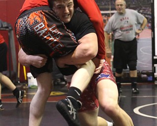 Tyler Stein works out with David Reinhart during a regular season practice, Wednesday, Dec. 13, 2017, at Canfield High school in Canfield...(Nikos Frazier | The Vindicator)