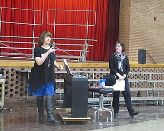 Neighbors | Zack Shively.Speakers Becky Sabino (left) and Lisa Smith (right) answered a few questions at the end of their presentation to the sixth-grade students at Boardman Center Intermediate School.
