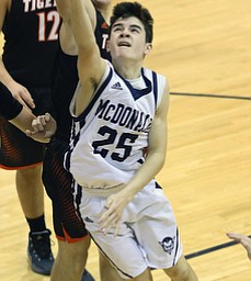 MCDONALD, OHIO - DECEMBER 15, 2017: McDonald's Zach Rasile (25) drives to the hoop against Springfield's Evan Ohlin (1) during the 2nd qtr at McDonald High School.  MICHAEL G. TAYLOR | THE VINDICATOR
