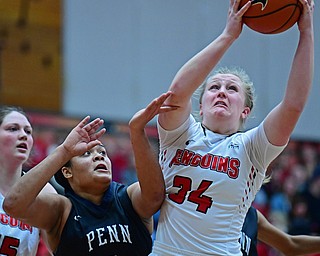 YOUNGSTOWN, OHIO - DECEMBER 20, 2017: Youngstown State's McKenah Peters grabs a rebound away from Penn State Beaver's Brittany Jackson during the first half of their game on Wednesday morning at Beeghley Center. DAVID DERMER | THE VINDICATOR