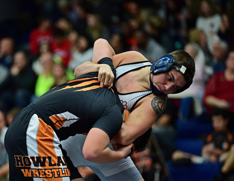 AUSTINTOWN, OHIO - DECEMBER 21, 2017: Boardman's Devon Blazek attempts to throw Howland's Dominic Sanabria during their 152lb bout, Thursday night at Austintown Fitch High School. DAVID DERMER | THE VINDICATOR