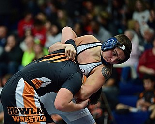 AUSTINTOWN, OHIO - DECEMBER 21, 2017: Boardman's Devon Blazek attempts to throw Howland's Dominic Sanabria during their 152lb bout, Thursday night at Austintown Fitch High School. DAVID DERMER | THE VINDICATOR