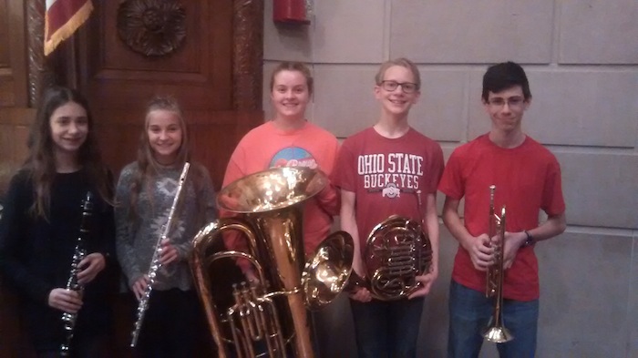 Ten students from Austintown Middle and Fitch High School were chosen to participate in the Ohio Music Education Association District 5 Honors Band. Students performed at Stambaugh Auditorium on Nov. 18. The middle-school honors band, above, are Kailyn Tibolla, clarinet; Kristin Yeager, flute; Paige McBride, tuba; Noah Snyder, horn; and Armand Giovannone, trumpet. The high-school honors band, below, are Alexcia Soto, clarinet; Matt Smutney, alto saxophone; Nick Mattusi, trumpet; Angelica Bahurjak, flute; and Alex Butrick, trumpet.
