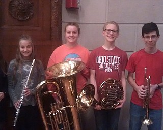 Ten students from Austintown Middle and Fitch High School were chosen to participate in the Ohio Music Education Association District 5 Honors Band. Students performed at Stambaugh Auditorium on Nov. 18. The middle-school honors band, above, are Kailyn Tibolla, clarinet; Kristin Yeager, flute; Paige McBride, tuba; Noah Snyder, horn; and Armand Giovannone, trumpet. The high-school honors band, below, are Alexcia Soto, clarinet; Matt Smutney, alto saxophone; Nick Mattusi, trumpet; Angelica Bahurjak, flute; and Alex Butrick, trumpet.
