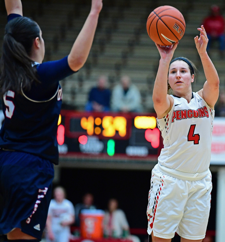 YOUNGSTOWN, OHIO - DECEMBER 28, 2017: Youngstown State's Nikki Arbanas shoots a three point shot over Detroit's Anja Marinkovic during the first half of their game on Thursday night at Beeghly Center. Youngstown State won 76-59. DAVID DERMER | THE VINDICATOR