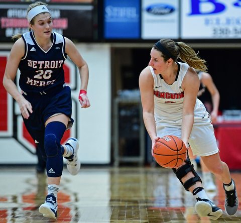 YOUNGSTOWN, OHIO - DECEMBER 28, 2017: Youngstown State's Nikki Arbanas gains possession of the ball after taking it away from Detroit's Nicole Urbanick during the second half of their game on Thursday night at Beeghly Center. Youngstown State won 76-59. DAVID DERMER | THE VINDICATOR