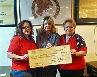 The Auxiliary to the Fraternal Order of Eagles, Youngstown 213, recently donated $1,000 to Julie Dulay of the Joanie Abdu Comprehensive Care Center of Youngstown. Dulay says the funds are to be used for those less fortunate in the Valley who do not have health insurance. The auxiliary’s theme is “People Helping People.” For information about the organization, visit foe.com. Above, from left, are Cindy Long, auxiliary president; Dulay; and Joanie Mountford, secretary.
