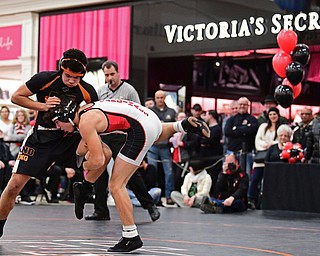 NILES, OHIO - JANUARY 3, 2018: Howland's Alexander Smith fights to keep his balance while having his leg picked up by Canfield's Giovani Dunlap during their 138lb bout, Wednesday nigh at the Eastwood Mall. DAVID DERMER | THE VINDICATOR