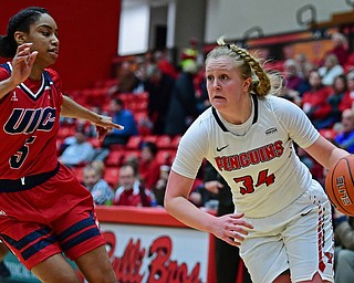 YOUNGSTOWN, OHIO - JANUARY 4, 2017: Youngstown State's McKenah Peters drives on Illinois-Chicago's Brittany Byrd during the second half of their game, Thursday night at Beeghly Center. 76-63. DAVID DERMER | THE VINDICATOR