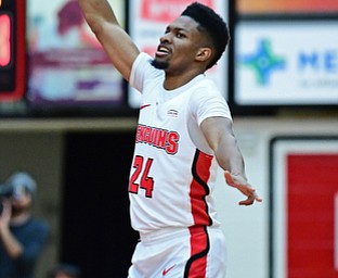 YOUNGSTOWN, OHIO - JANUARY 4, 2017: Youngstown State's Cameron Morse celebrates after hitting a three point shot during the first half of their game, Thursday night at Beeghly Center. DAVID DERMER | THE VINDICATOR