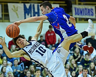 McDONALD, OHIO - JANUARY 9, 2018: McDonald's Josh Celli falls to the ground while being fouled hard by Western Reserve's Dom Velasquez during the second half of their game, Tuesday night at McDonald High School. DAVID DERMER | THE VINDICATOR