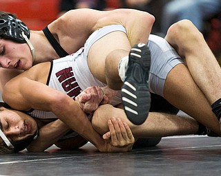 CANFIELD, OHIO - JANUARY 10, 2018: WRESTLING- Canfield's Aidan Burcsak (black, 132 lbs) controls Boardman's Ali Abu-ghannam (white, 132 lbs)  during the 3rd period at Canfield High School.  MICHAEL G TAYLOR | THE VINDICATOR