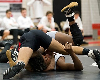 CANFIELD, OHIO - JANUARY 10, 2018: WRESTLING- Canfield's Eric El-Hayek (black, 138 lbs) pins Boardman's Cade Pollack (white, 138 lbs) at Canfield High School.  MICHAEL G TAYLOR | THE VINDICATOR