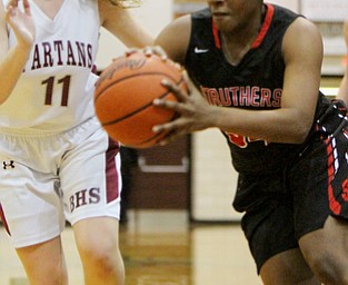 William D. Lewis  The Vindicator  Boardman's Alicia Saxton(11) defends as Struthers'Keasia Chism(34) passes during 1-10-18 action at Boardman