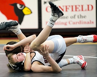 CANFIELD, OHIO - JANUARY 10, 2018: WRESTLING- Canfield's Ethan Fletcher (black, 106 lbs) pins Boardman's Sammy DeJoseph  (white, 106 lbs) at Canfield High School.  MICHAEL G TAYLOR | THE VINDICATOR