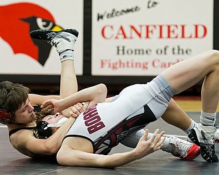 CANFIELD, OHIO - JANUARY 10, 2018: WRESTLING- Canfield's Ethan Fletcher (black, 106 lbs) pins Boardman's Sammy DeJoseph  (white, 106 lbs) at Canfield High School.  MICHAEL G TAYLOR | THE VINDICATOR