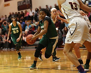 Ursuline's Dayshanette Harris (1) goes up for a layup in the first half of an OSHAA girls high school basketball game, Thursday, Jan. 11, 2018, in Canfield. South Range won 54-49...(Nikos Frazier | The Vindicator)