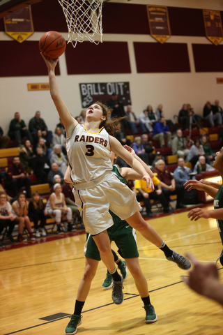South Range's Izzy Lamparty (3) goes up for a layup in the second half of an OSHAA girls high school basketball game, Thursday, Jan. 11, 2018, in Canfield. South Range won 54-49...(Nikos Frazier | The Vindicator)