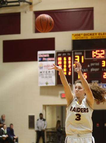 South Range's Izzy Lamparty (3) goes up for three in the second half of an OSHAA girls high school basketball game, Thursday, Jan. 11, 2018, in Canfield. South Range won 54-49...(Nikos Frazier | The Vindicator)