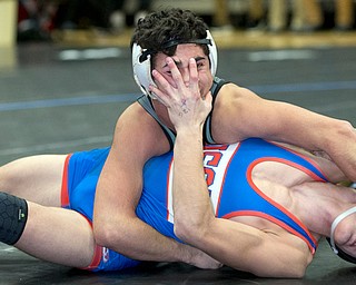 ALLIANCE, OHIO - JANUARY 10, 2018: TOP GUN WRESTLING- West Branch's Christian Wayt (black) scores a near takedown against  Ft. Leboeuf's Issac Crowell (blue) during the 120 lbs match at Alliance High School.  MICHAEL G TAYLOR | THE VINDICATOR