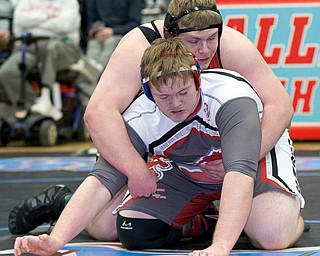 ALLIANCE, OHIO - JANUARY 10, 2018: TOP GUN WRESTLING- Girard'sJack Delgarbino (red) is control against Minerva's Travis Kuttler (gray) in the championship 285 lbs match at Alliance High School.  MICHAEL G TAYLOR | THE VINDICATOR