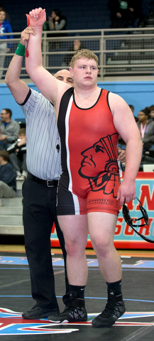 ALLIANCE, OHIO - JANUARY 10, 2018: TOP GUN WRESTLING- Girard'sJack Delgarbino is victorious in the championship 285 lbs match at Alliance High School.  MICHAEL G TAYLOR | THE VINDICATOR