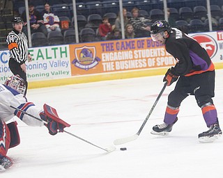 Youngstown Phantoms forward Tommy Parottino (9) attempts to score a point against Team USA goalie Drew DeRidder (1) in the first period of an USHL regular season hockey game, Monday, Jan. 15, 2018, in Youngstown. Team USA won 7-1...(Nikos Frazier | The Vindicator)