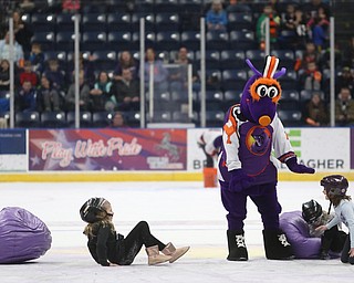 Participants play musical chairs with Phantoms mascot Boomer in the second period of an USHL regular season hockey game, Monday, Jan. 15, 2018, in Youngstown. Team USA won 7-1...(Nikos Frazier | The Vindicator)