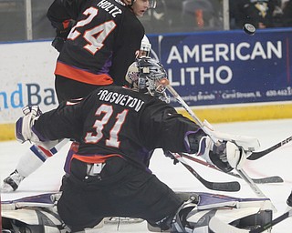 Youngstown Phantoms goalie Ivan Prosvetov (31) deflects a shot in the second period of an USHL regular season hockey game, Monday, Jan. 15, 2018, in Youngstown. Team USA won 7-1...(Nikos Frazier | The Vindicator)