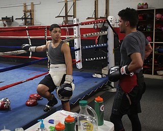 Brayan Colon(left) talks with sparing partner Carlos Gaerena Morales, Tuesday, Jan. 16, 2018, at the Southside Boxing Gym in Youngstown...(Nikos Frazier | The Vindicator)