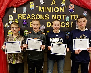 Toby Gibson, principal of Brookfield Middle School, announced the school’s students of the month for December on Jan. 6. Students were chosen for their leadership, attitude, respect, accountability, citizenship and integrity. Students received a certificate for their accomplishments. Those recognized above, from left, were Cole Glover, fifth grade; Ian Reichart, sixth grade; Katie Gibson, seventh grade; and T.J. Laverty, eighth grade.