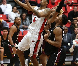 Youngstown State guard Jaylen Benton (4) goes up for a layup in the first half of an NCAA college basketball game against IUPUI, Saturday, Jan. 20, 2018, in Youngstown. YSU won 85-62...(Nikos Frazier | The Vindicator)