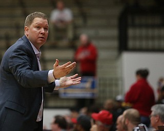 Youngstown State head coach Jerrod Calhoun looks back at his bench after a foul is called in the second half of an NCAA college basketball game against IUPUI, Saturday, Jan. 20, 2018, in Youngstown. YSU won 85-62...(Nikos Frazier | The Vindicator)
