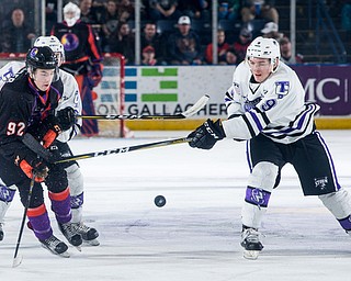 Scott R. Galvin | The Vindicator.Youngstown Phantoms center Alexander Barber (92) battles with Tri-City Storm forward Noah Weber (9) during the second period at the Covelli Centre on Saturday, January 20, 2018. The Phantoms lost 2-1 in overtime.