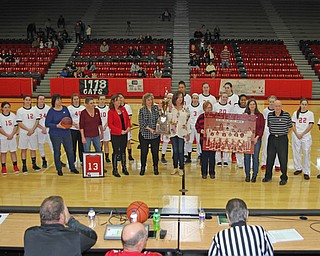 Members of the 1978 Struthers High School state championship team are joined by the current team to be honored during Saturday afternoons matchup against Niles at Struthers High School.   Dustin Livesay  |  The Vindicator  1/20/18  Struthers