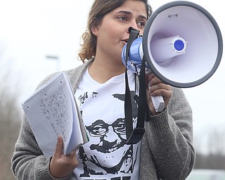 Lina Adi speaks at a protest rally demanding the release of Al Adi, Sunday, Jan. 21, 2018, outside the Northeast Ohio Correctional Facility in Youngstown...(Nikos Frazier | The Vindicator)