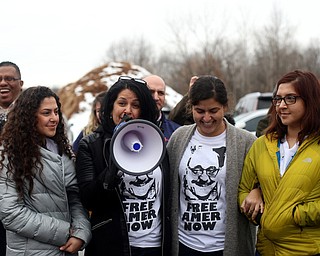 Fidaa Musleh(center left) speaks at a protest rally demanding the release of her husband, Al Adi, with her daughters; Lana(left), Lina(center right) and Rania Adi(right), Sunday, Jan. 21, 2018, outside the Northeast Ohio Correctional Facility in Youngstown...(Nikos Frazier | The Vindicator)