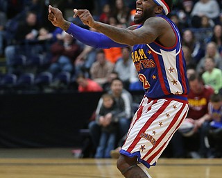 Globetrotter Dizzy dances, Jan. 24, 2018, at the Covelli Centre in Youngstown...(Nikos Frazier | The Vindicator)