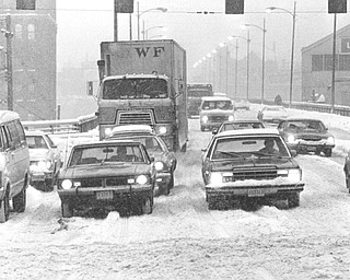 1978 Blizzard. Looking South up the Market St Bridge during 1978 blizzard.