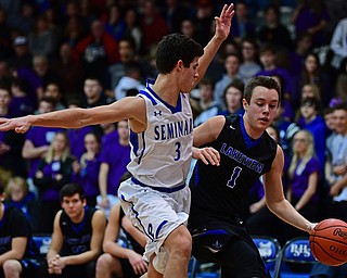 POLAND, OHIO - JANUARY 26, 2018: Lakeview's Daniel Evans, right, drives on Poland's Braeden O'Shaughnessy during the second half of their game on Friday night at Poland High School. DAVID DERMER | THE VINDICATOR