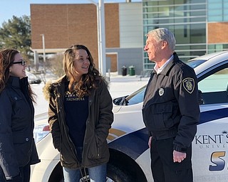 Kent State University Trumbull continues to ensure a safe environment for its students. Only one physical altercation was reported in 2017. A total of 26 reports were made last year, with most being either a medical emergency or minor accident in the parking lot. KSU has been ranked one of the safest campuses in the country by the Council for Home Safety and Security, a national trade association. It also earned a place on the council’s 2017 top 10 list of Safest Colleges in America. According to the FBI’s Uniform Crime Reporting and the National Center for Education Statistics, KSU ranks 11th on the list nationally, and among Ohio institutions, it ranks the safest. Above, from left, students Sabrina Barnhart and Brooklyn Bennett get security tips from KSU’s security and safety manager, Gary Bateman.