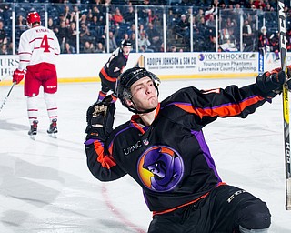 Scott R. Galvin | The Vindicator.Youngstown Phantoms right winger Chase Gresock (19) celebrates his second period goal against the Dubuque Fighting Saints at the Covelli Centre on January 27, 2018. The Phantoms won 6-5 in overtime.